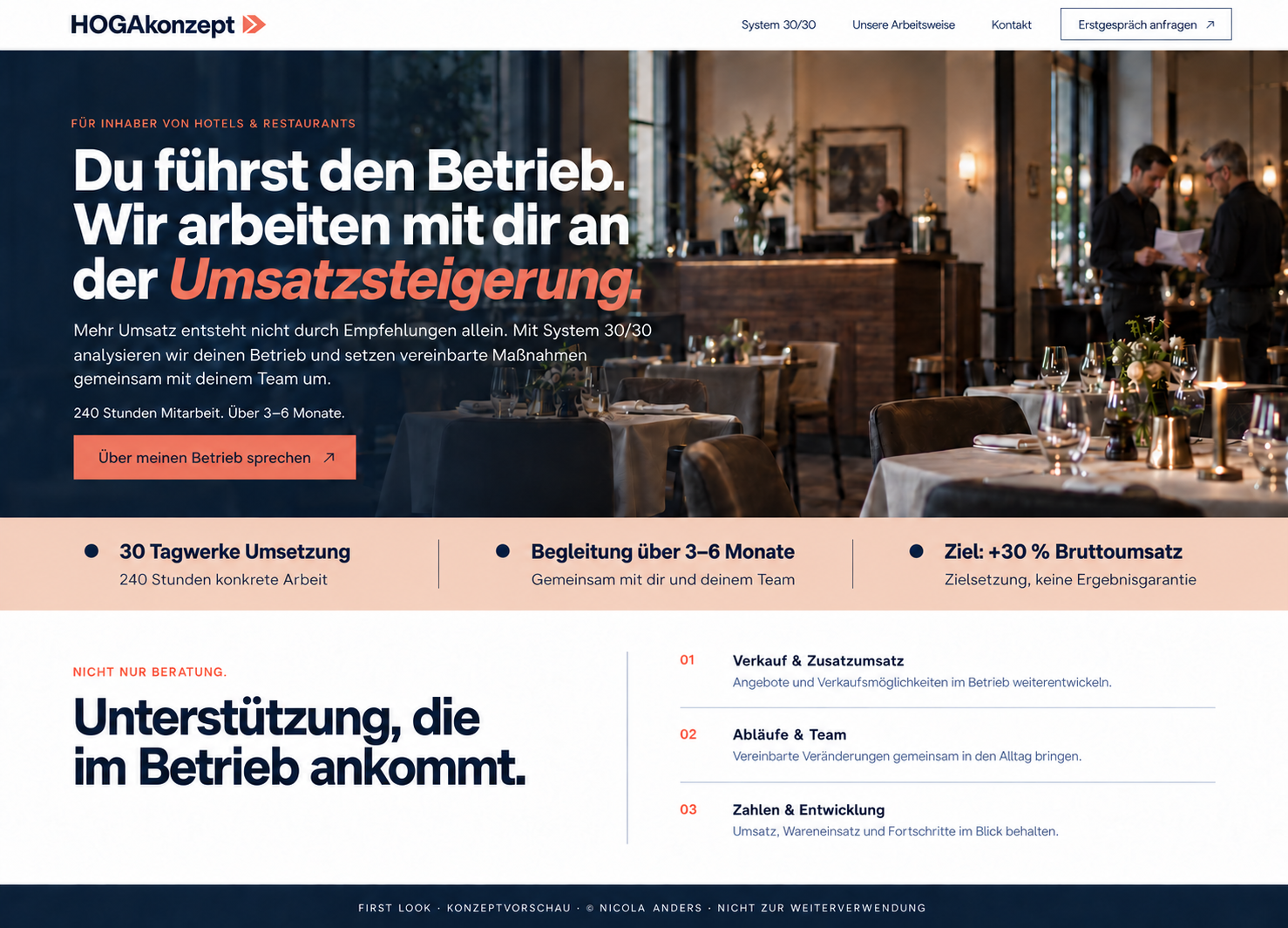 Konzeptvorschau HOGAkonzept: Beratungs- und Umsetzungsangebot für Hotels und Restaurants in Nachtblau, Koralle und Apricot.